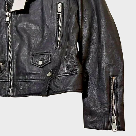 NWT 7 For All Mankind Asymmetrical Black Leather Moto Biker Jacket Edgy/Rocker L - Picture 5 of 11